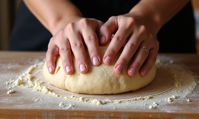 Handen kneden zuurdesembrooddeeg op een bebloemd oppervlak